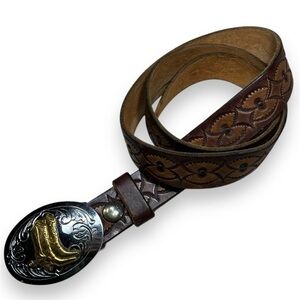 Vtg Chambers Tooled Leather Cowboy Boot Western Aztec Southwest Buckle‎ Belt 39”